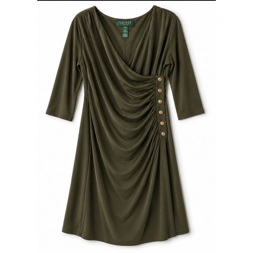 Lauren Ralph Lauren Olive Green Faux Wrap Ruched Button Dress 12P Office Siren